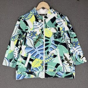 Onque Casual Jacket Womens PM Multicolor Floral Tropical Full Zip Rhinestone